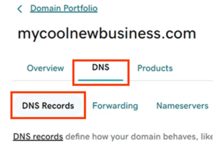 GoDaddyのDNS管理コンソールにアクセスし、ドメインポートフォリオからDNSレコードを選択する画面