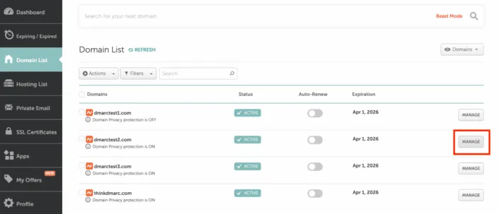ドメインの「Manage」をクリックする