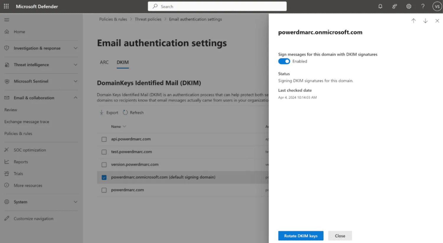 設定画面でDKIM署名を有効化する操作を示すスクリーンショット