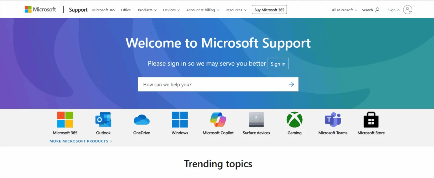 Microsoft 365のヘルプとサポート画面