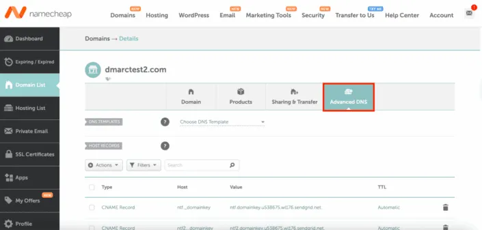 「Advanced DNS」タブを開く