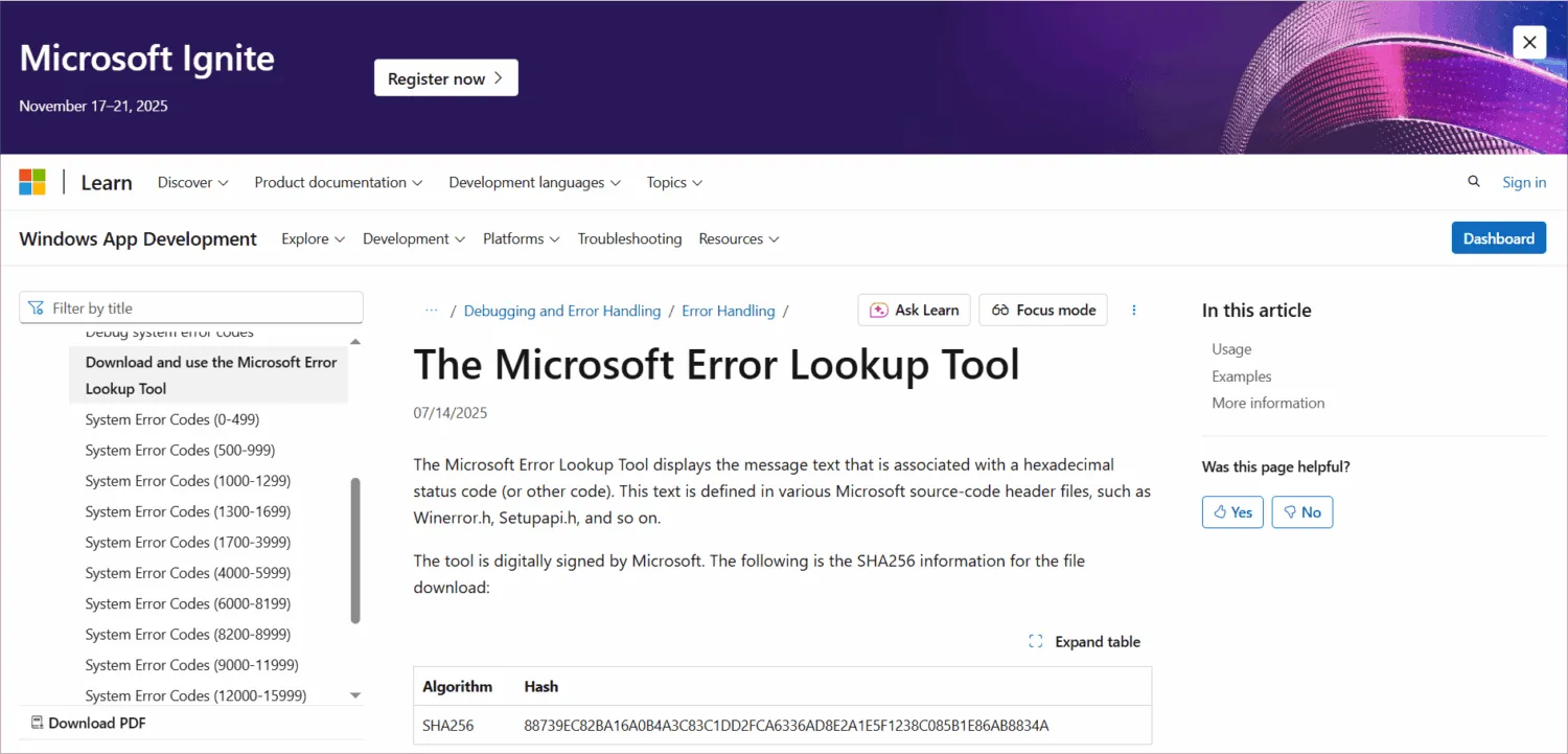 WinDbg / Windows Error Lookup Tool