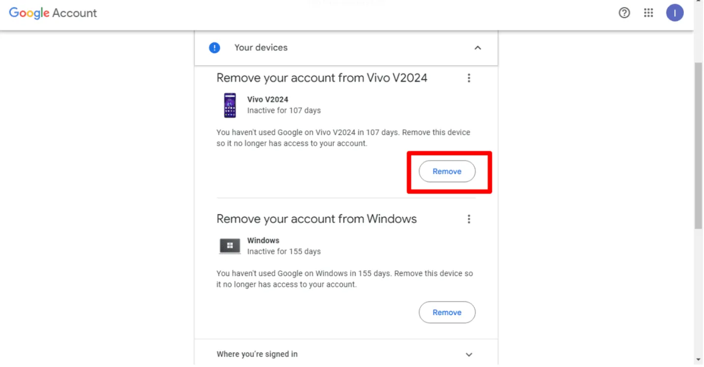 デバイスからアカウントを削除する操作画面の画像
