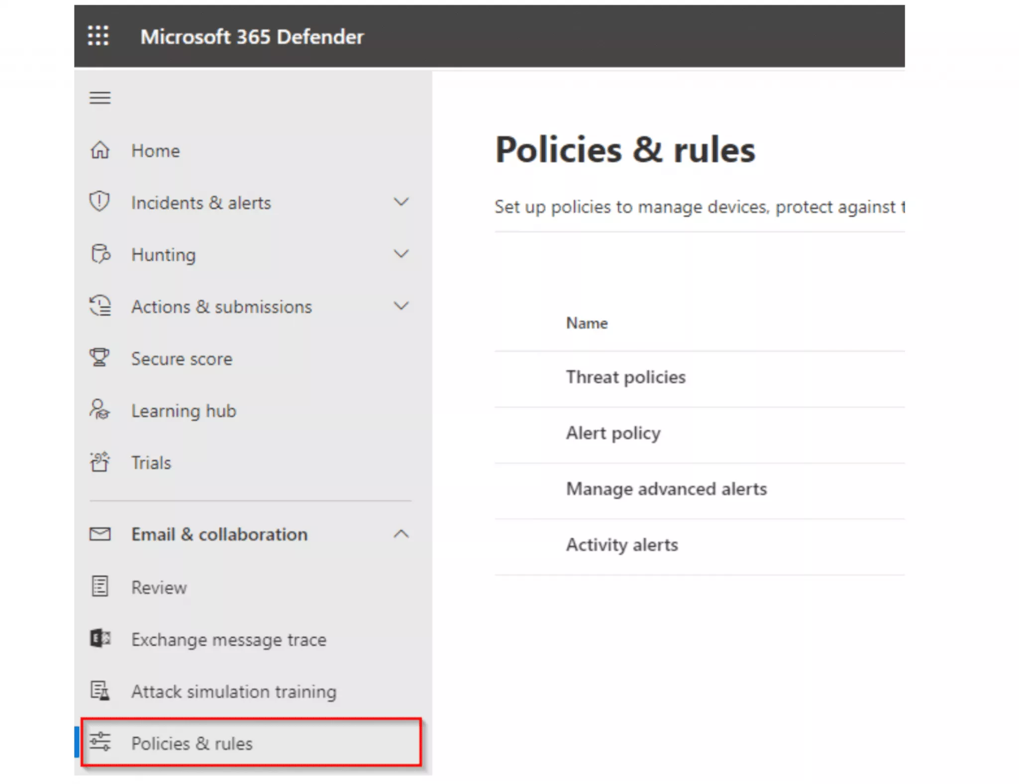 Microsoft 365 Defenderのナビゲーションから「ポリシーとルール」 > 「脅威ポリシー」 > 「メールの認証の設定」を選択