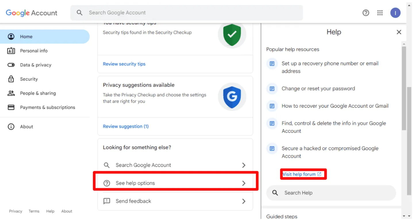 Googleヘルプセンターのリンクとセキュリティのヒントを示す画像