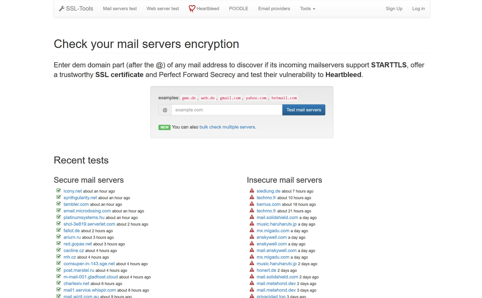 SSL-Tools Mail server testの画面